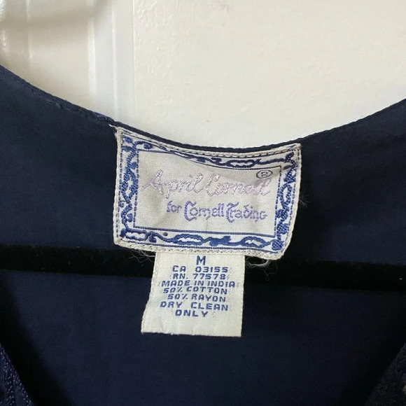 Vintage April Cornell Maxi Dress Womens M Navy Blue Mirror Beaded Cotton Rayon - Picture 2 of 6